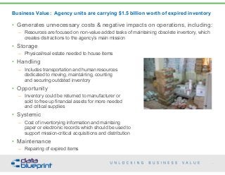 Business Value: Agency units are carrying $1.5 billion worth of expired inventory
29
Copyright 2015 by Data Blueprint
• Generates unnecessary costs & negative impacts on operations, including:
– Resources are focused on non-value added tasks of maintaining obsolete inventory, which
creates distractions to the agency’s main mission
• Storage
– Physical/real estate needed to house items
• Handling
– Includes transportation and human resources  
dedicated to moving, maintaining, counting  
and securing outdated inventory
• Opportunity
– Inventory could be returned to manufacturer or  
sold to free up financial assets for more needed  
and critical supplies
• Systemic
– Cost of inventorying information and maintaing  
paper or electronic records which should be used to  
support mission-critical acquisitions and distribution
• Maintenance
– Repairing of expired items
 