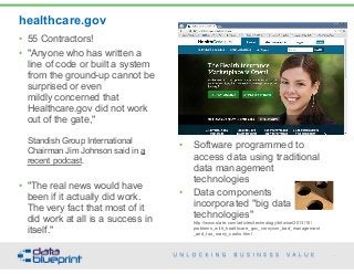 healthcare.gov
36
Copyright 2015 by Data Blueprint
• 55 Contractors!
• "Anyone who has written a
line of code or built a system
from the ground-up cannot be
surprised or even
mildly concerned that
Healthcare.gov did not work
out of the gate,"  
 
Standish Group International
Chairman Jim Johnson said in a
recent podcast.  
• "The real news would have
been if it actually did work.
The very fact that most of it
did work at all is a success in
itself."
• Software programmed to
access data using traditional
data management
technologies
• Data components
incorporated "big data
technologies" 
http://www.slate.com/articles/technology/bitwise/2013/10/
problems_with_healthcare_gov_cronyism_bad_management
_and_too_many_cooks.html
 