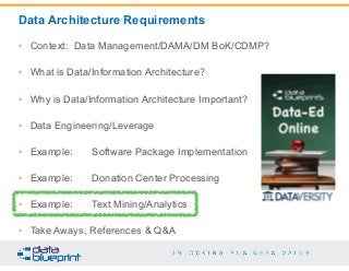 Data Architecture Requirements
96
Copy
right
2015by Data
Blueprint
• Context: Data Management/DAMA/DM BoK/CDMP?
• What is Data/Information Architecture?
• Why is Data/Information Architecture Important?
• Data Engineering/Leverage
• Example: Software Package Implementation
• Example: Donation Center Processing
• Example: Text Mining/Analytics
• Take Aways, References & Q&A
 
