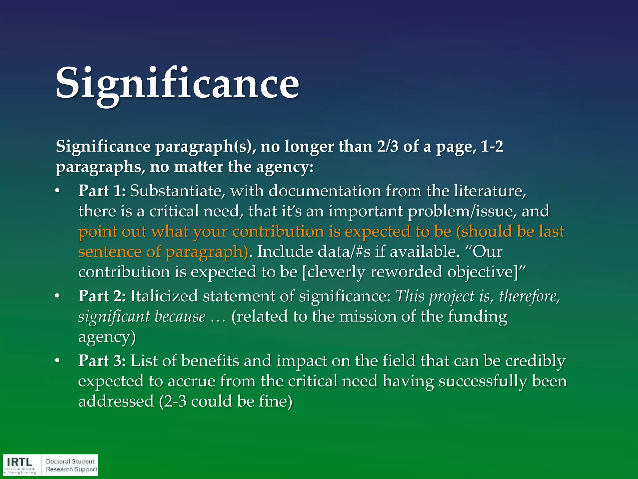 • Present your idea in a maximally understandable
way
• While you write the first paragraph with an eye
toward the non-expert, the literature review should
be written so it is readable by both generalists and
specialists
• Avoid jargon and unnecessary technical terms
• Use diagrams or flow charts to conceptualize
complex relationships
Literature Review
 