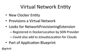 @grkvlt	
  
Virtual	
  Network	
  En/ty	
  
•  New	
  Clocker	
  En/ty	
  
•  Provisions	
  a	
  Virtual	
  Network	
  
•  Looks	
  for	
  NetworkProvisioningExtension	
  
– Registered	
  in	
  DockerLoca/on	
  by	
  SDN	
  Provider	
  
– Could	
  also	
  add	
  to	
  JcloudsLoca/on	
  for	
  Clouds	
  
•  Part	
  of	
  Applica/on	
  Blueprint	
  
 