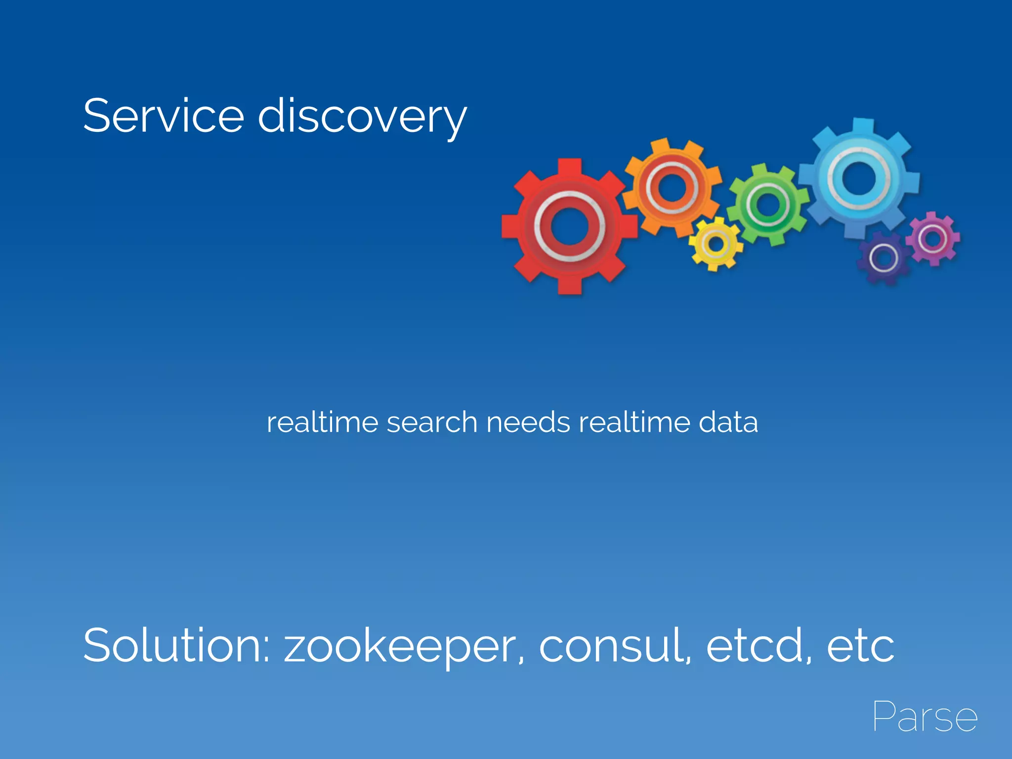 realtime search needs realtime data
Service discovery
Solution: zookeeper, consul, etcd, etc
 
