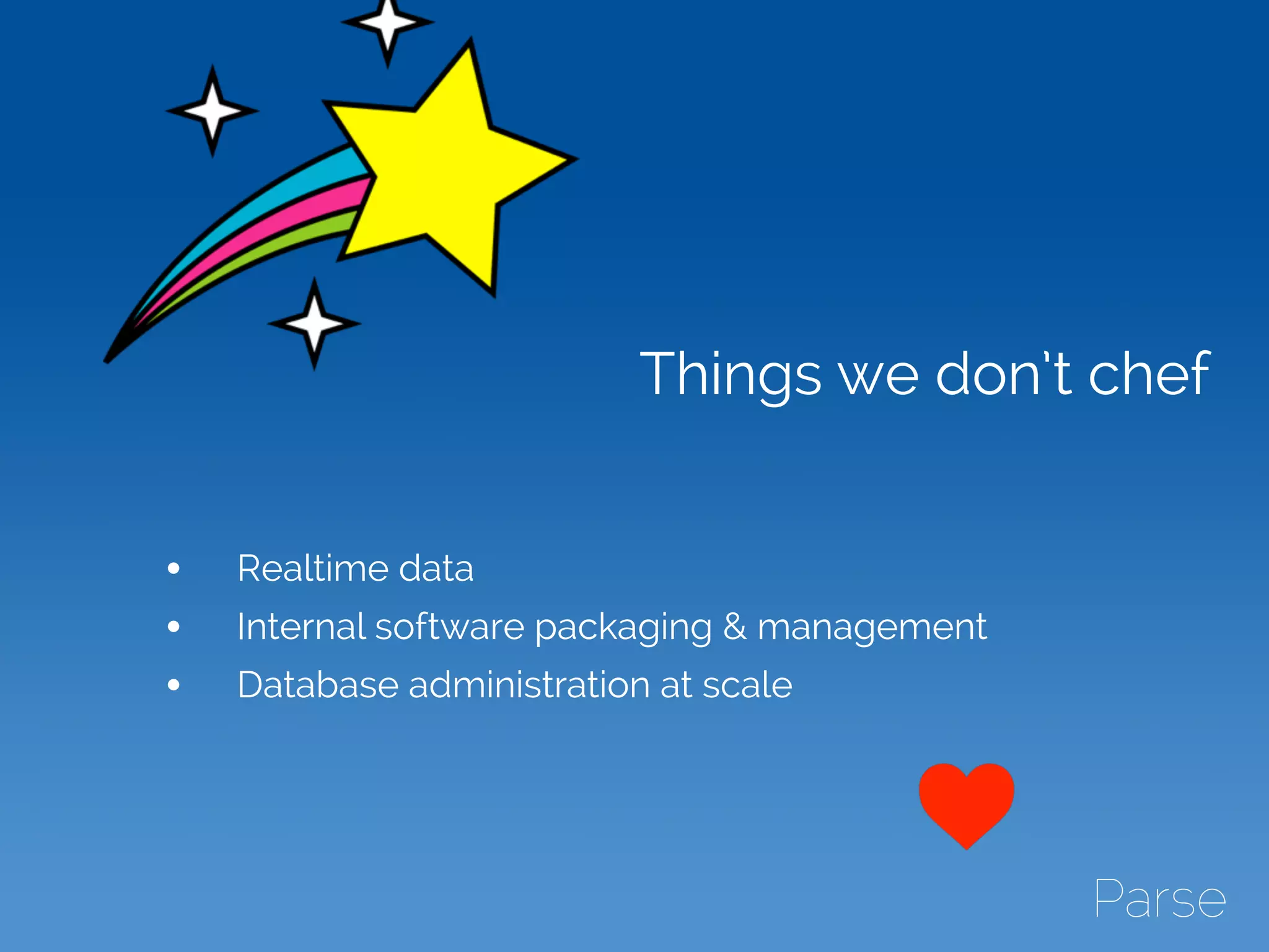 • Realtime data
• Internal software packaging & management
• Database administration at scale
Things we don’t chef
 