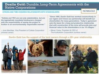 Donlin Gold has the support of the land owners through a 20+ year relationship
“Calista and TKC are not only stakeholders, but are
the legislatively mandated landowners charged
with the responsibility of seeing the project to
fruition in an environmentally responsible manner.”
– June MacAtee, Vice President of Calista Corporation
(mineral owner)
"Since 1995, Donlin Gold has worked constructively in
our region and I know our partnership will benefit our
shareholders for many generations. Today's agreement
sets the basis for a long and productive relationship
that with construction of the mine will provide jobs and
financial value to the shareholders in our 10 villages.”
– Maver Carey, President & CEO of
The Kuskokwim Corporation (surface owner)
STRONG AND TIME-HONORED RELATIONSHIPS WITH STAKEHOLDERS
Donlin Gold: Durable, Long-Term Agreements with the
Native Corporations
3535
 