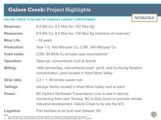 GALORE CREEK TO BE ONE OF CANADA’S LARGEST COPPER MINES
Galore Creek: Project Highlights
Reserves: 6.8 Blb Cu; 5.5 Moz Au; 102 Moz Ag1
Resources: 8.9 Blb Cu; 8.0 Moz Au; 136 Moz Ag (inclusive of reserves)1
Mine Life: ~18 years
Production: Year 1-5, 400 Mlb/year Cu; LOM, 340 Mlb/year Cu
Cash costs: LOM, $0.80/lb Cu at base case assumptions2
Operation: Open-pit, conventional truck & shovel
Milling: +80k tonnes/day, conventional crush, grind, and Cu/Au/Ag flotation
concentration, plant located in West More Valley
Strip ratio: 2.2 = 1.1B tonnes waste rock
Tailings: storage facility located in West More Valley next to plant
Power: BC Hydro’s Northwest Transmission Line is now in service
connecting from near Terrace, BC to Bob Quinn to promote remote
industrial development, Galore Creek to tie into the NTL
Logistics: Port facilities to be built near Stewart, BC
Notes:
1) See “Cautionary Note Concerning Reserve & Resource Estimates” and “Reserve and Resource Base” table with footnotes.
2) Base Price Case metal prices are US$2.65/lb Cu, US$1,100/oz Au and US$18.50 Ag and foreign exchange rate of 1.11 CAD/USD.
54
 