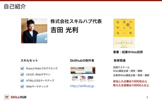 SKILLHUB
自己紹介
2
株式会社スキルハブ代表
吉田 光利
Skillhubの制作者
http://skillhub.jp
スキルセット
RubyとRailsプログラミング
UI/UX, Webデザイン
HTML/CSSマークアップ
Webマーケティング
教育関連
民間ITスクール
Web講座企画・開発・講師
企業用Web講座企画・開発・講師
担当した企業は1000社以上
教えた生徒数は10000人以上
著書：起業のWeb技術
 
