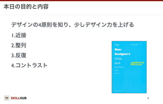 SKILLHUB
本日の目的と内容
デザインの4原則を知り、少しデザイン力を上げる
1.近接
2.整列
3.反復
4.コントラスト
3
 