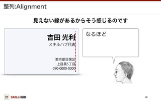 SKILLHUB
整列:Alignment
40
見えない線があるからそう感じるのです
なるほど
吉田 光利
スキルハブ代表
090-0000-0000
上目黒5丁目
東京都目黒区
 