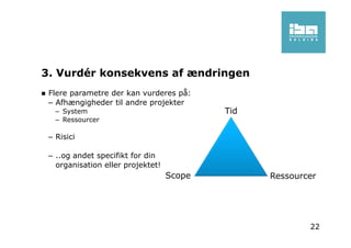 3. Vurdér konsekvens af ændringen
Flere parametre der kan vurderes på:
– Afhængigheder til andre projekter
– System
– Ressourcer
– Risici
– ..og andet specifikt for din
organisation eller projektet!
Tid
RessourcerScope
22
 