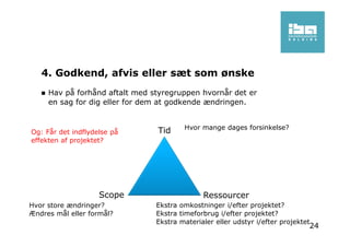 4. Godkend, afvis eller sæt som ønske
Hav på forhånd aftalt med styregruppen hvornår det er
en sag for dig eller for dem at godkende ændringen.
Tid
RessourcerScope
Hvor mange dages forsinkelse?
Ekstra omkostninger i/efter projektet?
Ekstra timeforbrug i/efter projektet?
Ekstra materialer eller udstyr i/efter projektet
Hvor store ændringer?
Ændres mål eller formål?
Og: Får det indflydelse på
effekten af projektet?
24
 