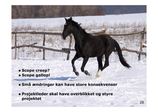 Scope creep?
Scope gallop!
Små ændringer kan have store konsekvenser
Projektleder skal have overblikket og styre
projektet
28
 