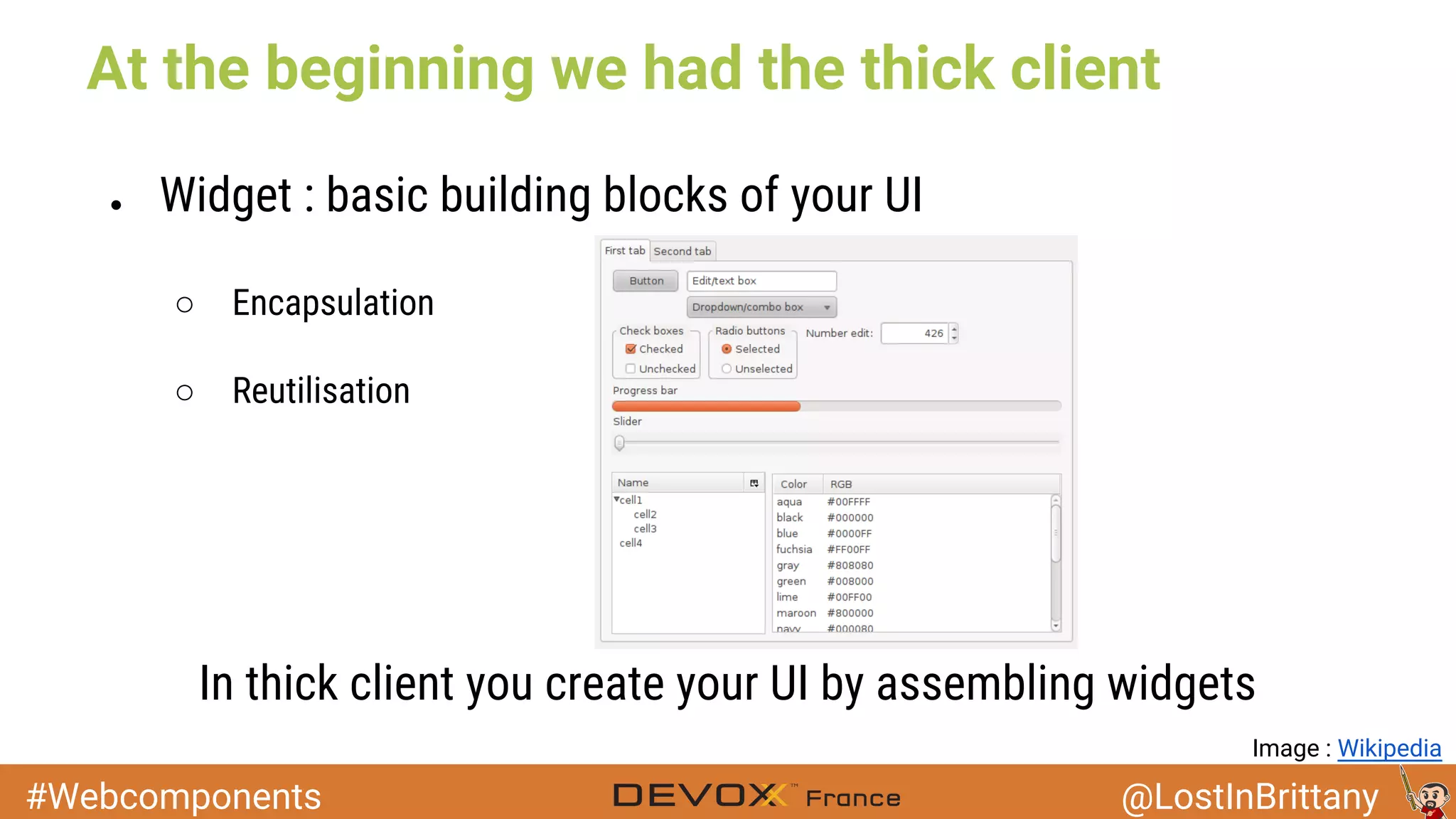 #Webcomponents @LostInBrittany At the beginning we had the thick client ● Widget : basic building blocks of your UI ○ Encapsulation ○ Reutilisation In thick client you create your UI by assembling widgets Image : Wikipedia 