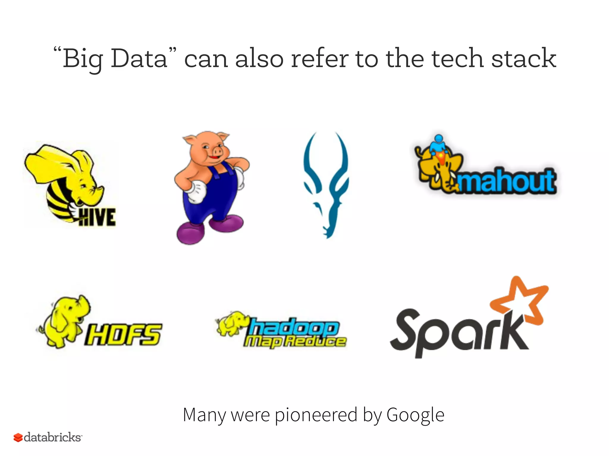 “Big Data” can also refer to the tech stack
Many were pioneered by Google
 