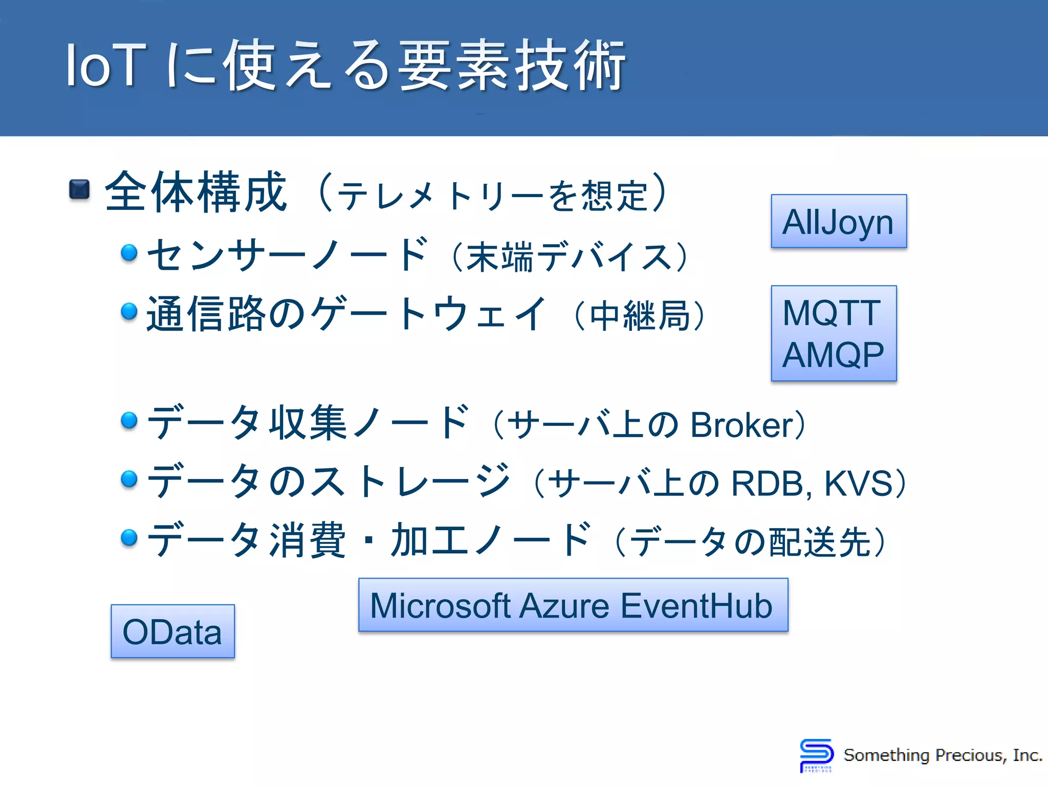 全体構成（テレメトリーを想定）
センサーノード（末端デバイス）
通信路のゲートウェイ（中継局）
データ収集ノード（サーバ上の Broker）
データのストレージ（サーバ上の RDB, KVS）
データ消費・加工ノード（データの配送先）
AllJoyn
MQTT
AMQP
Microsoft Azure EventHub
OData
 