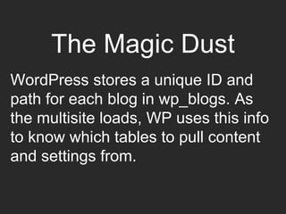 The Magic Dust
WordPress stores a unique ID and
path for each blog in wp_blogs. As
the multisite loads, WP uses this info
to know which tables to pull content
and settings from.
 