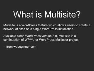 What is Multisite?
Multisite is a WordPress feature which allows users to create a
network of sites on a single WordPress installation.
Available since WordPress version 3.0, Multisite is a
continuation of WPMU or WordPress Multiuser project.
-- from wpbeginner.com
 