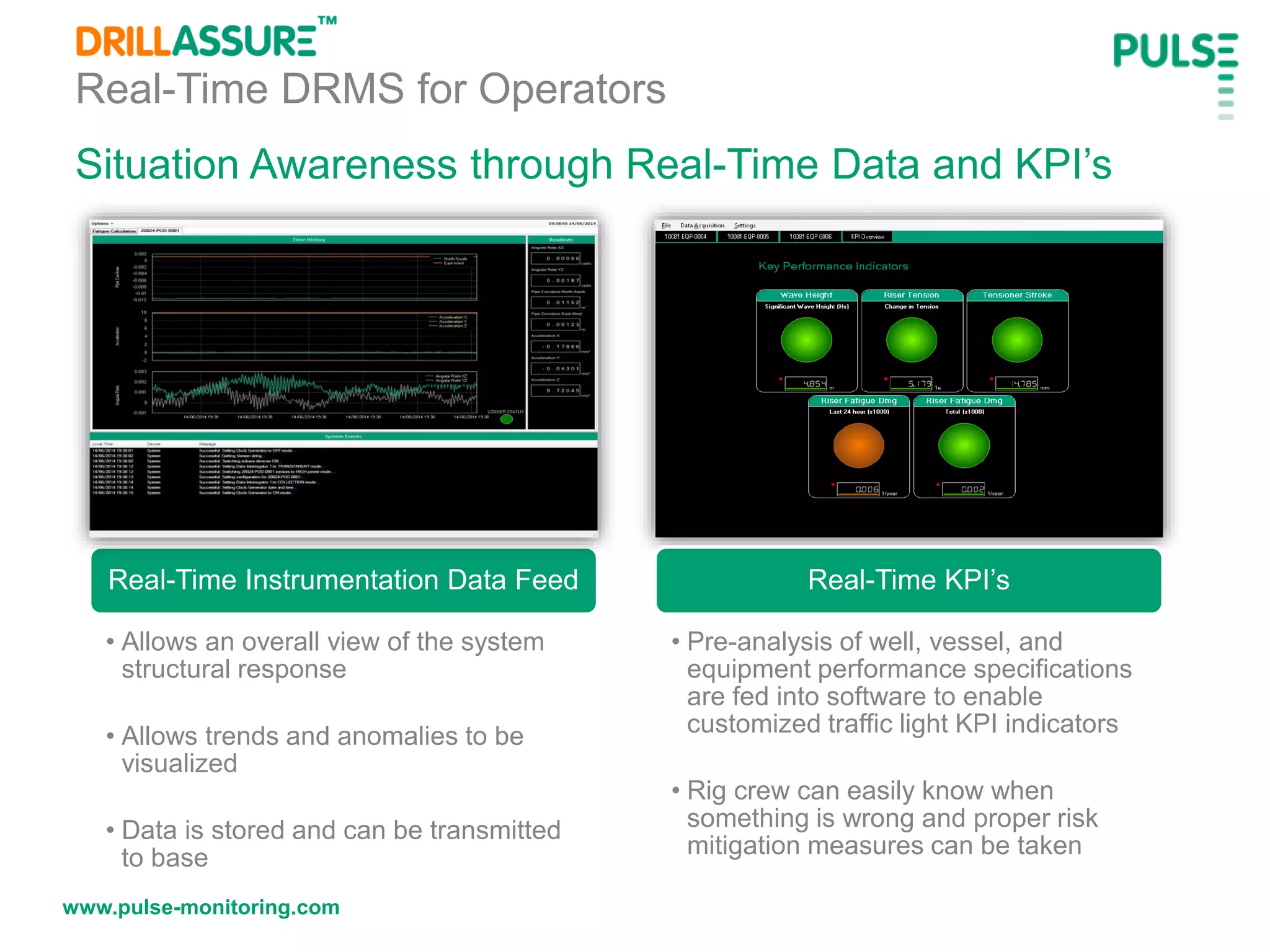 www.pulse-monitoring.com
Situation Awareness through Real-Time Data and KPI’s
Real-Time DRMS for Operators
Real-Time Instrumentation Data Feed
• Allows an overall view of the system
structural response
• Allows trends and anomalies to be
visualized
• Data is stored and can be transmitted
to base
Real-Time KPI’s
• Pre-analysis of well, vessel, and
equipment performance specifications
are fed into software to enable
customized traffic light KPI indicators
• Rig crew can easily know when
something is wrong and proper risk
mitigation measures can be taken
 