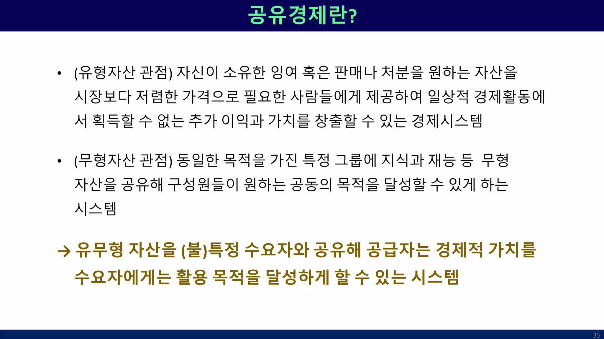 공유경제란?
• (유형자산 관점) 자신이 소유한 잉여 혹은 판매나 처분을 원하는 자산을
시장보다 저렴한 가격으로 필요한 사람들에게 제공하여 일상적 경제활동에
서 획득할 수 없는 추가 이익과 가치를 창출할 수 있는 경제시스템
• (무형자산 관점) 동일한 목적을 가진 특정 그룹에 지식과 재능 등 무형
자산을 공유해 구성원들이 원하는 공동의 목적을 달성할 수 있게 하는
시스템
→ 유무형 자산을 (불)특정 수요자와 공유해 공급자는 경제적 가치를
수요자에게는 활용 목적을 달성하게 할 수 있는 시스템
35
 