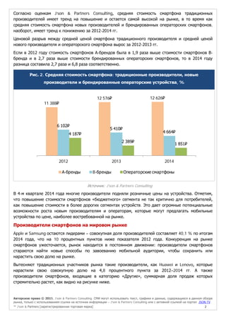 Авторское право © 2015, J’son & Partners Consulting. СМИ могут использовать текст, графики и данные, содержащиеся в данном обзоре
рынка, только с использованием ссылки на источник информации – J’son & Partners Consulting или с активной ссылкой на портал JSON.TV
™ J’son & Partners [зарегистрированная торговая марка] 2
Согласно оценкам J’son & Partners Consulting, средняя стоимость смартфона традиционных
производителей имеет тренд на повышение и остается самой высокой на рынке, в то время как
средняя стоимость смартфона новых производителей и брендированных операторских смартфонов,
наоборот, имеет тренд к понижению за 2012-2014 гг.
Ценовой разрыв между средней ценой смартфона традиционного производителя и средней ценой
нового производителя и операторского смартфона вырос за 2012-2013 гг.
Если в 2012 году стоимость смартфонов А-брендов была в 1,9 раза выше стоимости смартфонов В-
бренда и в 2,7 раза выше стоимости брендированных операторских смартфонов, то в 2014 году
разница составила 2,7 раза и 6,8 раза соответственно.
Рис. 2. Средняя стоимость смартфона: традиционные производители, новые
производители и брендированные операторские устройства, %
Источник: J’son & Partners Consulting
В 4-м квартале 2014 года многие производители подняли розничные цены на устройства. Отметим,
что повышение стоимости смартфонов «бюджетного» сегмента не так критично для потребителей,
как повышение стоимости в более дорогих сегментах устройств. Это дает огромные потенциальные
возможности роста новым производителям и операторам, которые могут предлагать мобильные
устройства по цене, наиболее востребованной на рынке.
Производители смартфонов на мировом рынке
Apple и Samsung остаются лидерами – совокупная доля производителей составляет 40,1 % по итогам
2014 года, что на 10 процентных пунктов ниже показателя 2012 года. Конкуренция на рынке
смартфонов ужесточается, рынок находится в постоянном движении: производители смартфонов
стараются найти новые способы по завоеванию мобильной аудитории, чтобы сохранить или
нарастить свою долю на рынке.
Вытесняют традиционных участников рынка такие производители, как Huawei и Lenovo, которые
нарастили свою совокупную долю на 4,8 процентного пункта за 2012–2014 гг. А также
производители смартфонов, входящие в категорию «Другие», суммарная доля продаж которых
стремительно растет, как видно на рисунке ниже.
11 388₽
12 576₽ 12 626₽
6 102₽
5 410₽
4 664₽4 187₽
2 389₽
1 851₽
2012 2013 2014
А-бренды B-бренды Операторские смартфоны
 