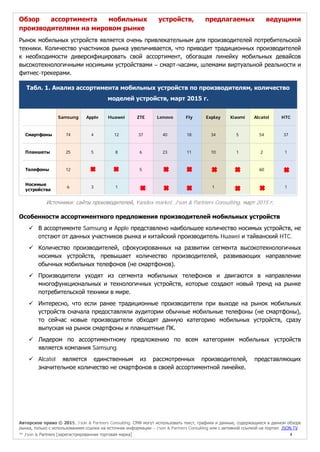 Авторское право © 2015, J’son & Partners Consulting. СМИ могут использовать текст, графики и данные, содержащиеся в данном обзоре
рынка, только с использованием ссылки на источник информации – J’son & Partners Consulting или с активной ссылкой на портал JSON.TV
™ J’son & Partners [зарегистрированная торговая марка] 4
Обзор ассортимента мобильных устройств, предлагаемых ведущими
производителями на мировом рынке
Рынок мобильных устройств является очень привлекательным для производителей потребительской
техники. Количество участников рынка увеличивается, что приводит традиционных производителей
к необходимости диверсифицировать свой ассортимент, обогащая линейку мобильных девайсов
высокотехнологичными носимыми устройствами – смарт-часами, шлемами виртуальной реальности и
фитнес-трекерами.
Табл. 1. Анализ ассортимента мобильных устройств по производителям, количество
моделей устройств, март 2015 г.
Источники: сайты производителей, Yandex market, J’son & Partners Consulting, март 2015 г.
Особенности ассортиментного предложения производителей мобильных устройств
 В ассортименте Samsung и Apple представлено наибольшее количество носимых устройств, не
отстают от данных участников рынка и китайский производитель Huawei и тайванский HTC.
 Количество производителей, сфокусированных на развитии сегмента высокотехнологичных
носимых устройств, превышает количество производителей, развивающих направление
обычных мобильных телефонов (не смартфонов).
 Производители уходят из сегмента мобильных телефонов и двигаются в направлении
многофункциональных и технологичных устройств, которые создают новый тренд на рынке
потребительской техники в мире.
 Интересно, что если ранее традиционные производители при выходе на рынок мобильных
устройств сначала предоставляли аудитории обычные мобильные телефоны (не смартфоны),
то сейчас новые производители обходят данную категорию мобильных устройств, сразу
выпуская на рынок смартфоны и планшетные ПК.
 Лидером по ассортиментному предложению по всем категориям мобильных устройств
является компания Samsung.
 Alcatel является единственным из рассмотренных производителей, представляющих
значительное количество не смартфонов в своей ассортиментной линейке.
Samsung Apple Huawei ZTE Lenovo Fly Explay Xiaomi Alcatel HTC
Смартфоны 74 4 12 37 40 18 34 5 54 37
Планшеты 25 5 8 6 23 11 10 1 2 1
Телефоны 12 5 60
Носимые
устройства
6 3 1 1 1
 