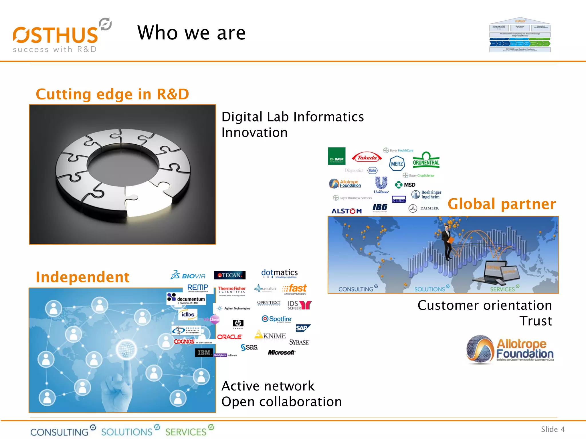 Slide 4
Cutting edge in R&D
Global partner
Independent
Digital Lab Informatics
Innovation
Active network
Open collaboration
Customer orientation
Trust
Who we are
 