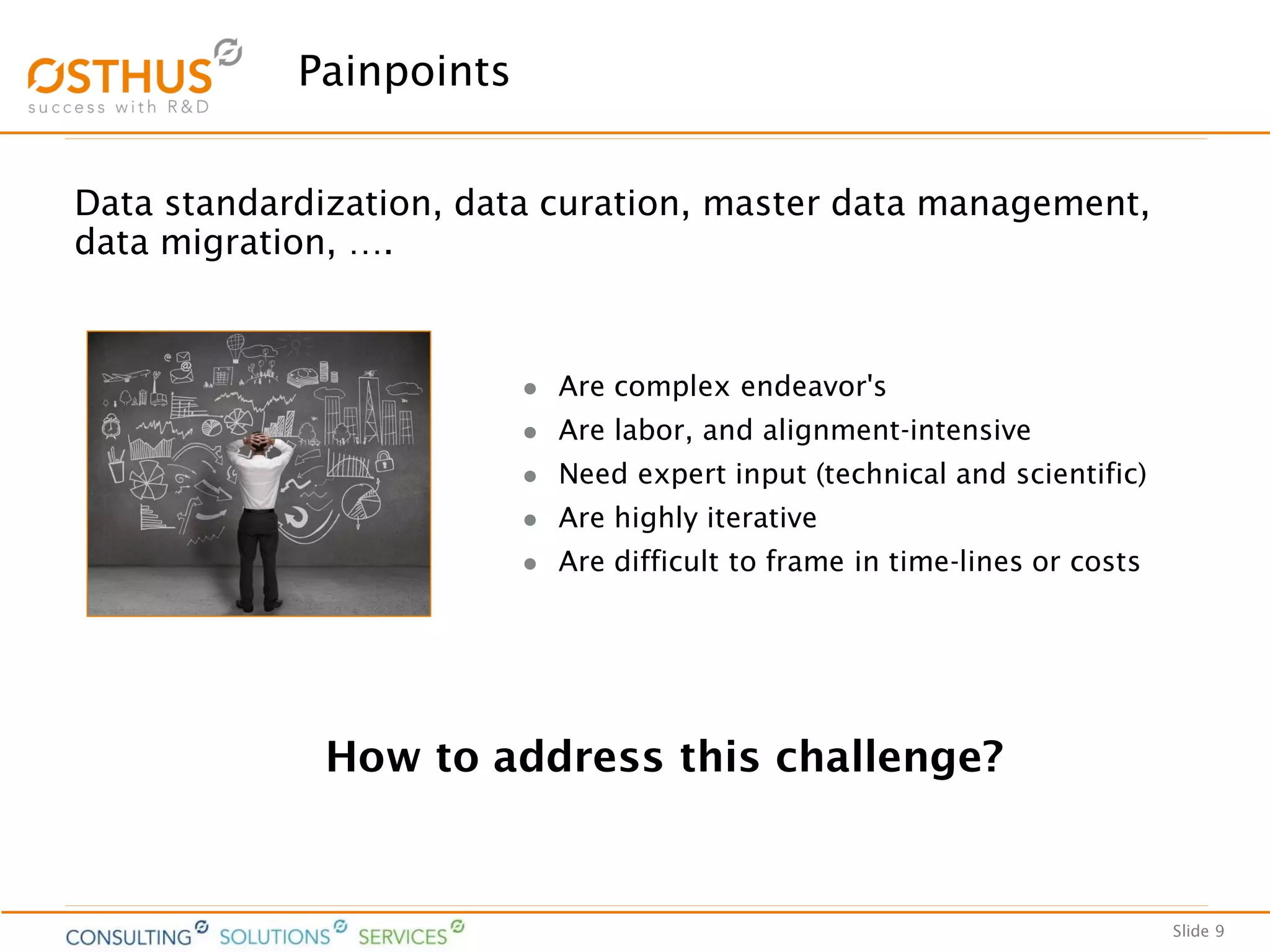 Slide 9
Painpoints
Data standardization, data curation, master data management,
data migration, ….
 Are complex endeavor's
 Are labor, and alignment-intensive
 Need expert input (technical and scientific)
 Are highly iterative
 Are difficult to frame in time-lines or costs
How to address this challenge?
 