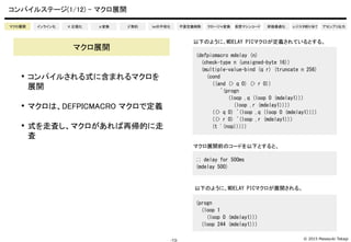 © 2015 Masayuki Takagi-13-
コンパイルステージ(1/12) - マクロ展開
 コンパイルされる式に含まれるマクロを
展開
 マクロは、DEFPICMACRO マクロで定義
 式を走査し、マクロがあれば再帰的に走
...
