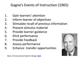 Gagne’s Events of Instruction (1965)
1. Gain learners' attention
2. Inform learner of objectives
3. Stimulate recall of previous information
4. Present stimulus material
5. Provide learner guidance
6. Elicit performance
7. Provide Feedback
8. Assess performance
9. Enhance transfer opportunities
Basis of Instructional Systems Design (ISD)
 