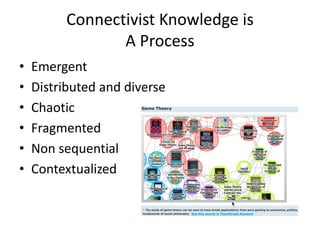 Connectivist Knowledge is
A Process
• Emergent
• Distributed and diverse
• Chaotic
• Fragmented
• Non sequential
• Contextualized
 