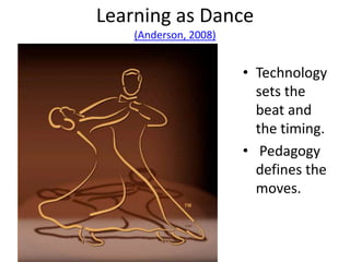 Learning as Dance
(Anderson, 2008)
• Technology
sets the
beat and
the timing.
• Pedagogy
defines the
moves.
 