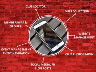 DUES COLLECTION
EVENT MANAGEMENT
EVENT NAVIGATION
MEMBERSHIPS &
GROUPS
CLUB PHOTOGRAPHY
WEBSITE
MANAGEMENT
SOCIAL MEDIA, PR
BLOG POSTS
CLUB LOCATOR
 