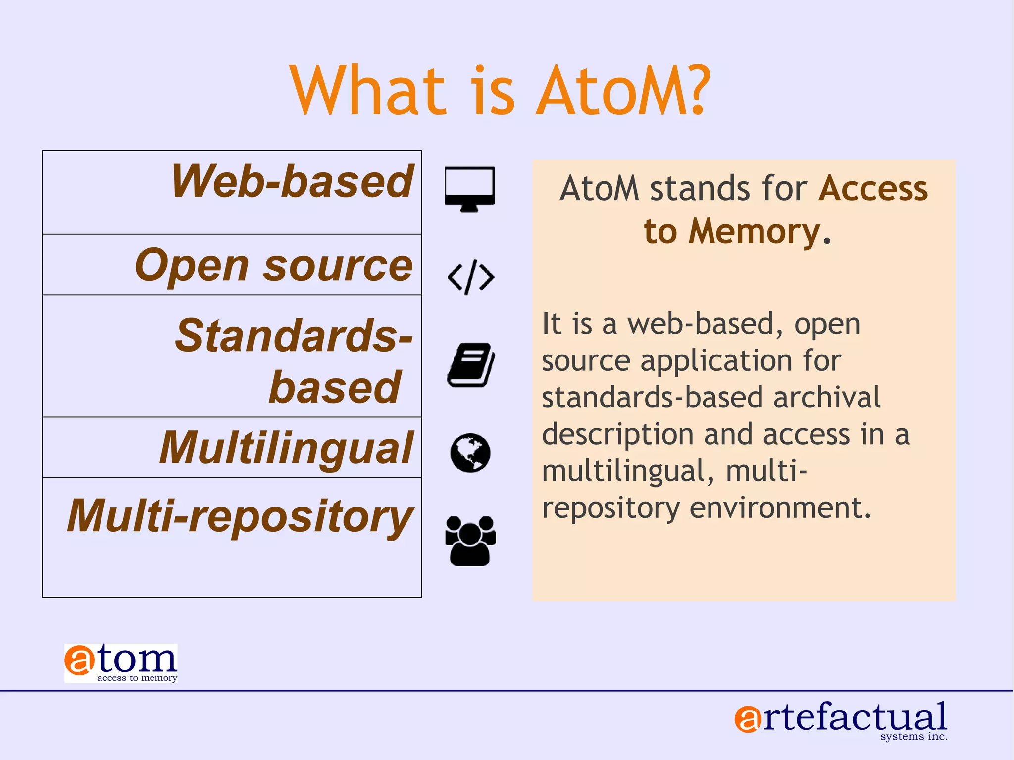 What is AtoM?
AtoM stands for Access
to Memory.
It is a web-based, open
source application for
standards-based archival
description and access in a
multilingual, multi-
repository environment.
Web-based
Open source
Standards-
based
Multilingual
Multi-repository
 