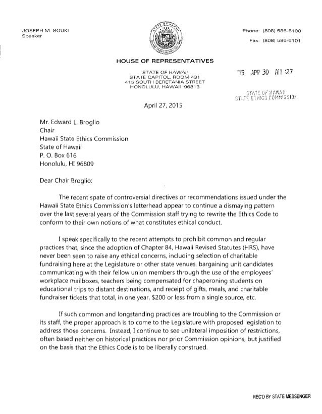 speaker souki letter to ethics commission april 2015 how to address a state representative in a letter