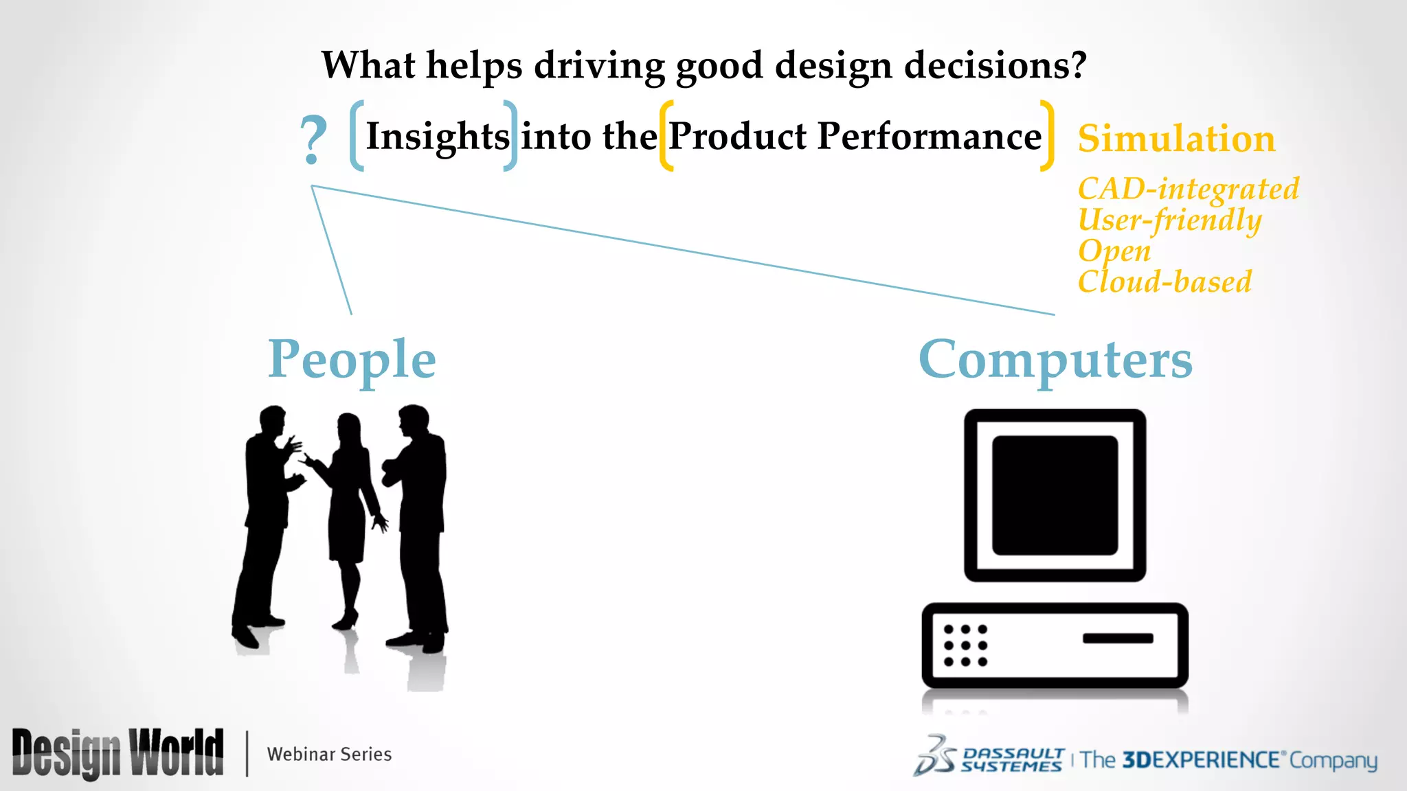 Insights  into  the  Product  Performance	
What  helps  driving  good  design  decisions?	
People	
 Computers	
Simulation	
CAD-­‐‑integrated	
User-­‐‑friendly	
Open	
?
Cloud-­‐‑based	
 