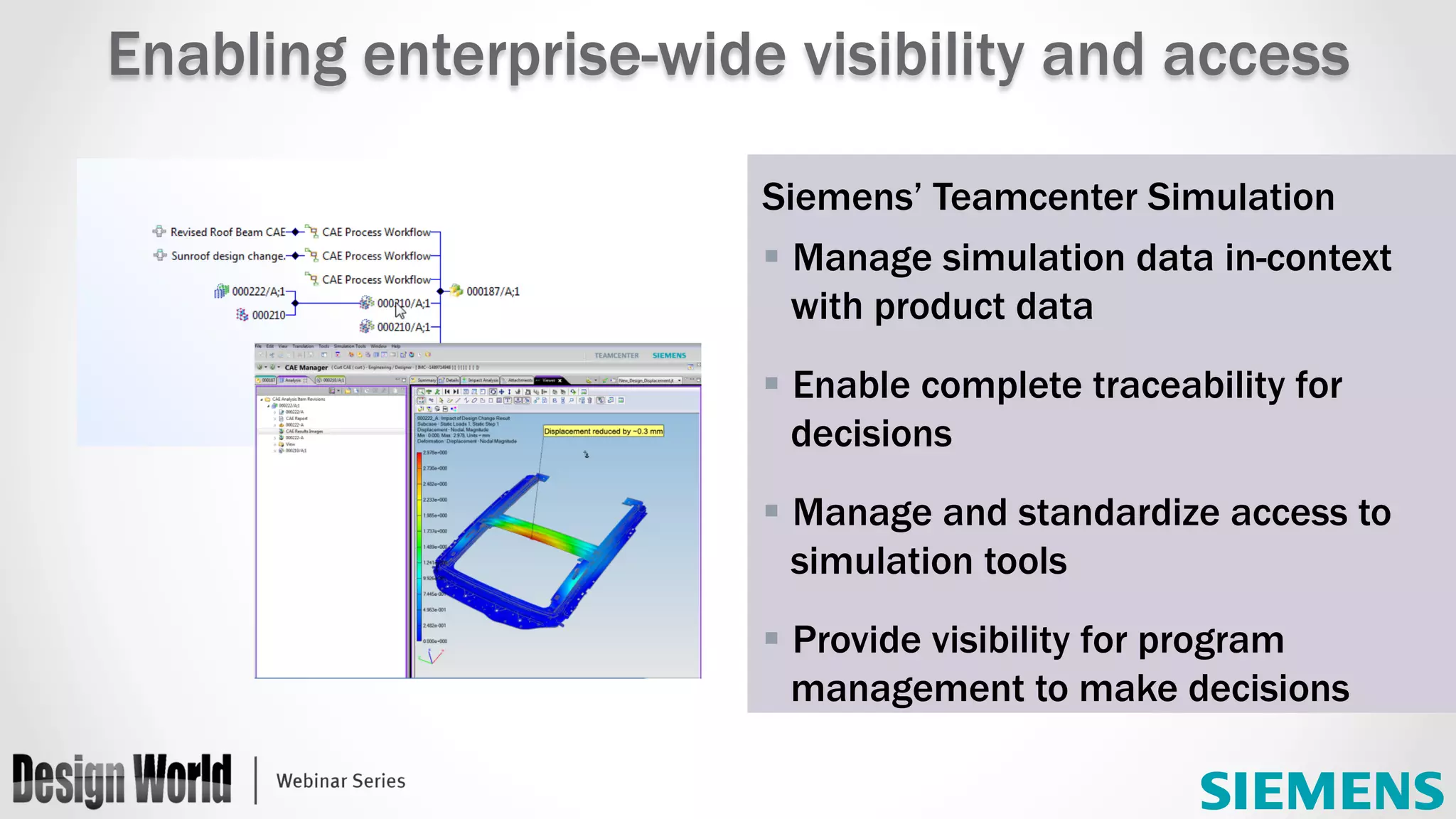 Siemens’ Teamcenter Simulation
§ Manage simulation data in-context
with product data
§ Enable complete traceability for
decisions
§ Manage and standardize access to
simulation tools
§ Provide visibility for program
management to make decisions
	
Enabling enterprise-wide visibility and access
 