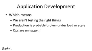 @grkvlt
How  can  we  fix  this?
• Imperfect  world
• Or,  the  DevOps way
– We  don't  have  enough  money  for  six  copies  of  our  architecture
– Particularly  at  scale  or  with  large  data  sets
– So  we  fake  it!
• The  important thing  is  our  architecture
– It  defines  the  application  completely
– We  describe  this  once in  a  blueprint
– And  then  deploy  to  our  various  environments
 