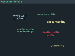 WORKING WITH OTHERS
work well
in a team
accountability
communication skills
manifestos, rules,
tribal knowledge
(an ode to code)
dealing with
conflict
 