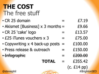 @steviephil #BrightonSEO
• CR 25 domain =
• Akismet [Business] x 3 months =
• CR 25 ‘cake’ logo =
• £25 iTunes vouchers x ...