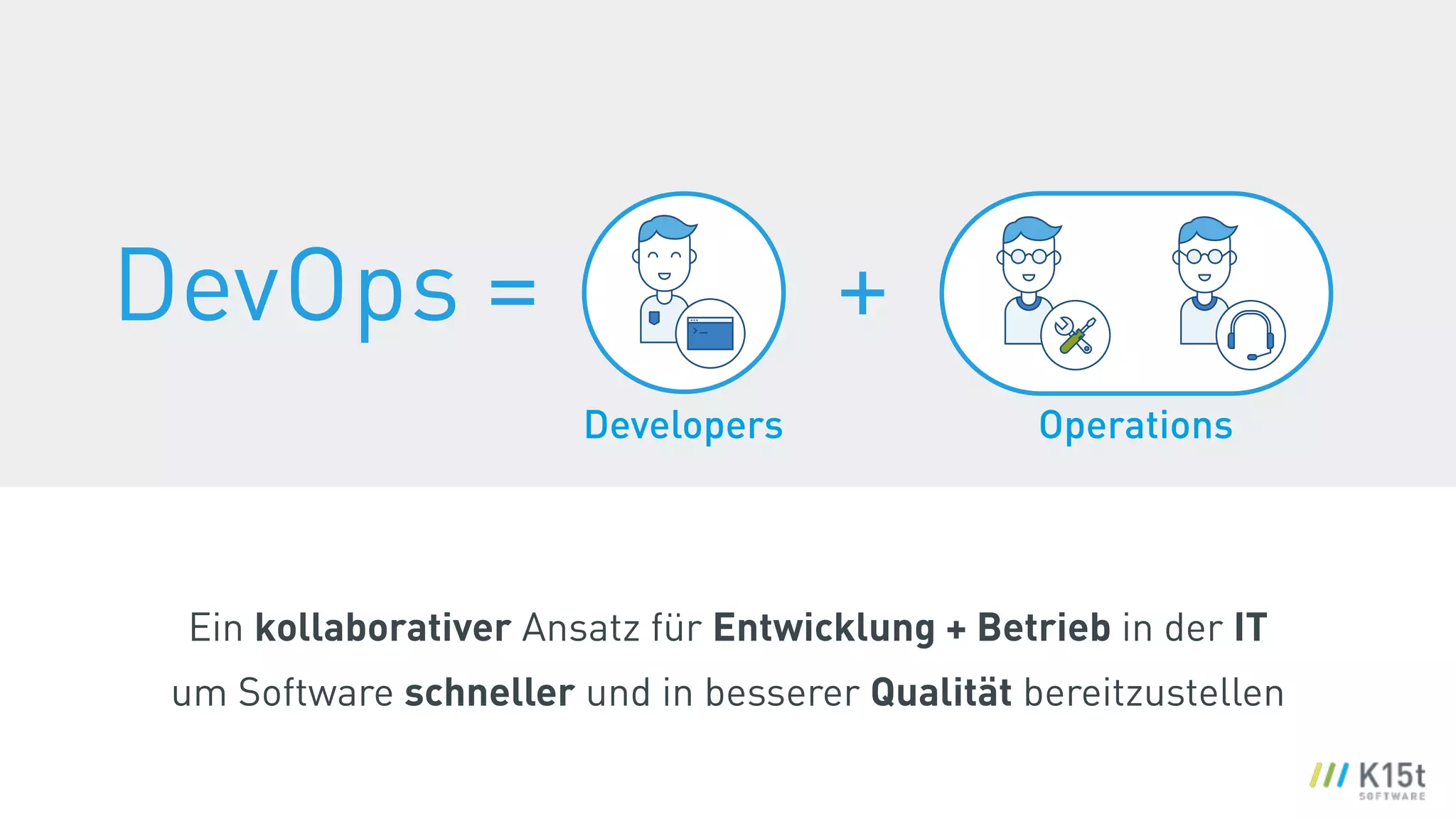 Developers Operations
Ein kollaborativer Ansatz für Entwicklung + Betrieb in der IT
um Software schneller und in besserer Qualität bereitzustellen
+DevOps =
 