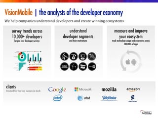 survey trends across
10,000+ developers
largest ever developer surveys
VisionMobile|theanalystsofthedevelopereconomy
We	
 ...