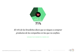 TRANSPARENCY TRIUMPHwww.trendwatching.com/es/trends/transparency-triumph 10
EDELMAN TRUST BAROMETER, FEBRERO 2015
El 71% de los brasileños dicen que se niegan a comprar
productos de las compañías en las que no confían.
 