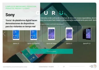 TRANSPARENCY TRIUMPHwww.trendwatching.com/es/trends/transparency-triumph 20
Sony
‘Gurús’ de plataforma digital hacen
demostraciones de dispositivos
para los visitantes en tiempo real
EJEMPLOS DE INNOVACIONES: PRODUCCION,
PRODUCTOS, PRECIOS Y LA GENTE
 