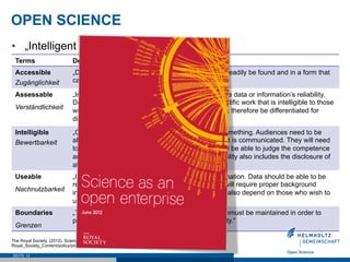 OPEN SCIENCE
SEITE 13
•  „Intelligent Openness“
The Royal Society. (2012). Science as an open enterprise. Online: http://royalsociety.org/uploadedFiles/
Royal_Society_Content/policy/projects/sape/2012-06-20-SAOE.pdf
Terms Definition
Accessible
Zugänglichkeit
„Data must be located in such a manner that it can readily be found and in a form that
can be used.“
Assessable
Verständlichkeit
„In a state in which judgments can be made as to the data or information’s reliability.
Data must provide an account of the results of scientific work that is intelligible to those
wishing to understand or scrutinise them. Data must therefore be differentiated for
different audiences.“
Intelligible
Bewertbarkeit
„Comprehensive for those who wish to scrutinise something. Audiences need to be
able to make some judgment or assessment of what is communicated. They will need
to judge the nature of the claims made. They should be able to judge the competence
and reliability of those making the claims. Assessability also includes the disclosure of
attendant factors that might influence public trust.“
Useable
Nachnutzbarkeit
„In a format where others can use the data or information. Data should be able to be
reused, often for different purposes, and therefore will require proper background
information and metadata. The usability of data will also depend on those who wish to
use them.“
Boundaries
Grenzen
„There are legitimate boundaries of openness whichmust be maintained in order to
protect commercialvalue, privacy, safety and security.“
 