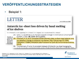 VERÖFFENTLICHUNGSSTRATEGIEN
SEITE 27
•  Beispiel 1:
Pritchard, H. D., Ligtenberg, S. R. M., Fricker, H. A., Vaughan, D. G., van den Broeke, M. R., & Padman, L.
(2012). Antarctic ice-sheet loss driven by basal melting of ice shelves. Nature, 484(7395), 502–5. doi:10.1038/
nature10968
 