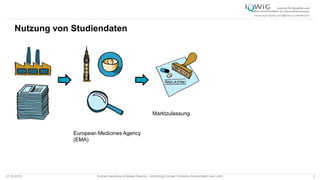 Nutzung von Studiendaten
07.05.2015 Andrea Kamphuis & Natalie Masche / Unblinding Europe: Klinische Studiendaten ans Licht! 2
European Medicines Agency
(EMA)
Marktzulassung
 