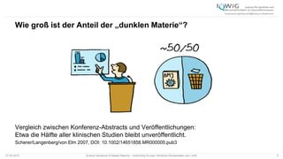 Wie groß ist der Anteil der „dunklen Materie“?
Vergleich zwischen Konferenz-Abstracts und Veröffentlichungen:
Etwa die Hälfte aller klinischen Studien bleibt unveröffentlicht.
Scherer/Langenberg/von Elm 2007, DOI: 10.1002/14651858.MR000005.pub3
07.05.2015 Andrea Kamphuis & Natalie Masche / Unblinding Europe: Klinische Studiendaten ans Licht! 5
 