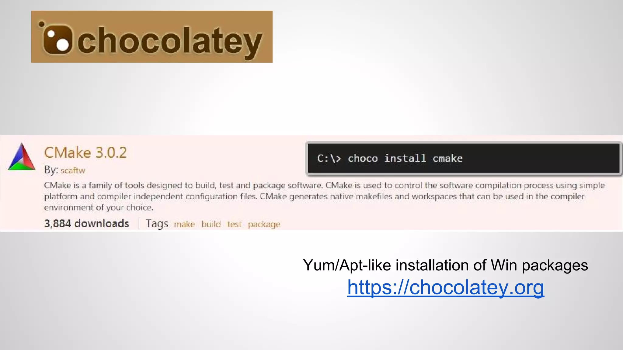 Yum/Apt-like installation of Win packages
https://chocolatey.org
 