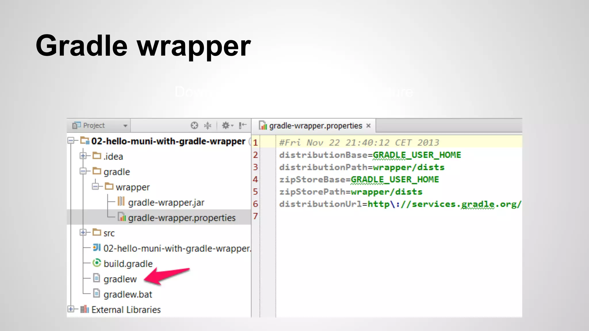 Gradle wrapper
Download and prepare infrastructure
 