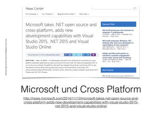 AlleRechteliegenbeiPeterHecker.Vervielfältigungistnichterlaubt.
Microsoft und Cross Platform
http://news.microsoft.com/2014/11/12/microsoft-takes-net-open-source-and-
cross-platform-adds-new-development-capabilities-with-visual-studio-2015-
net-2015-and-visual-studio-online/
 