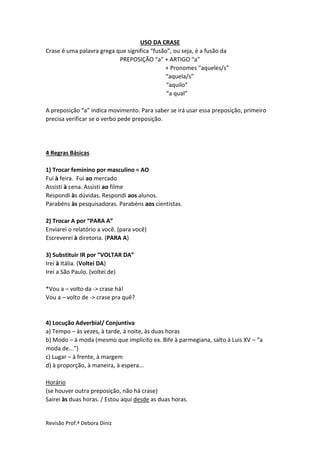 Revisão Prof.ª Debora Diniz
USO DA CRASE
Crase é uma palavra grega que significa “fusão”, ou seja, é a fusão da
PREPOSIÇÃO “a” + ARTIGO “a”
+ Pronomes “aqueles/s”
“aquela/s”
“aquilo”
“a qual”
A preposição “a” indica movimento. Para saber se irá usar essa preposição, primeiro
precisa verificar se o verbo pede preposição.
4 Regras Básicas
1) Trocar feminino por masculino = AO
Fui à feira. Fui ao mercado
Assisti à cena. Assisti ao filme
Respondi às dúvidas. Respondi aos alunos.
Parabéns às pesquisadoras. Parabéns aos cientistas.
2) Trocar A por “PARA A”
Enviarei o relatório a você. (para você)
Escreverei à diretoria. (PARA A)
3) Substituir IR por “VOLTAR DA”
Irei à Itália. (Voltei DA)
Irei a São Paulo. (voltei de)
*Vou a – volto da -> crase há!
Vou a – volto de -> crase pra quê?
4) Locução Adverbial/ Conjuntiva
a) Tempo – às vezes, à tarde, à noite, às duas horas
b) Modo – à moda (mesmo que implícito ex. Bife à parmegiana, salto à Luis XV – “a
moda de...”)
c) Lugar – à frente, à margem
d) à proporção, à maneira, à espera...
Horário
(se houver outra preposição, não há crase)
Sairei às duas horas. / Estou aqui desde as duas horas.
 